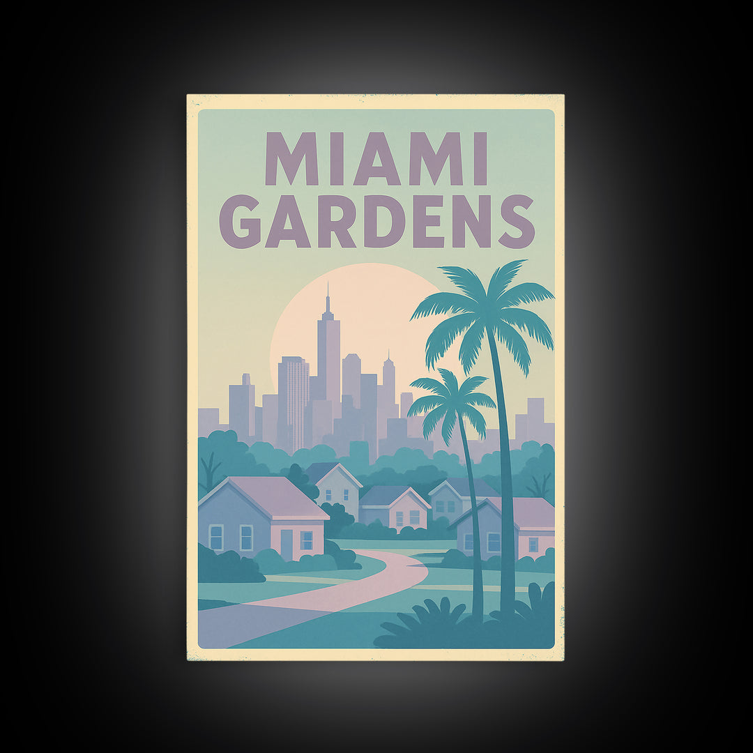 Miami Gardens Florida Travel Poster, Canvas Print, Soft Vintage City Poster, Miami Gardens City Art, Mid Century Wall Art, Travel Art