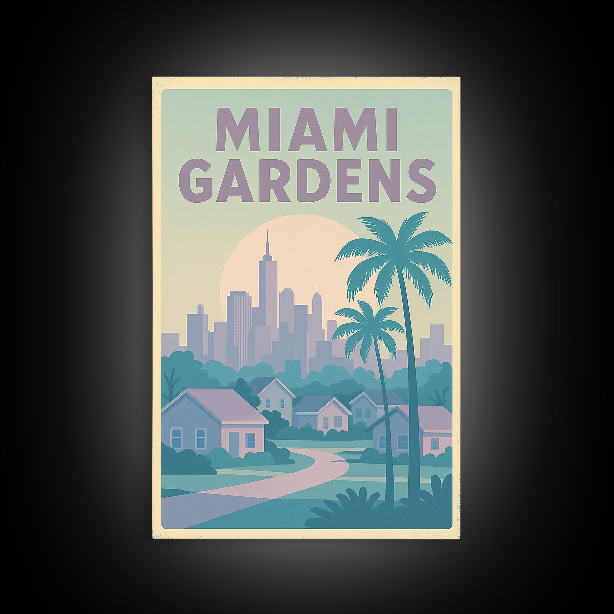 Miami Gardens Florida Travel Poster, Canvas Print, Soft Vintage City Poster, Miami Gardens City Art, Mid Century Wall Art, Travel Art