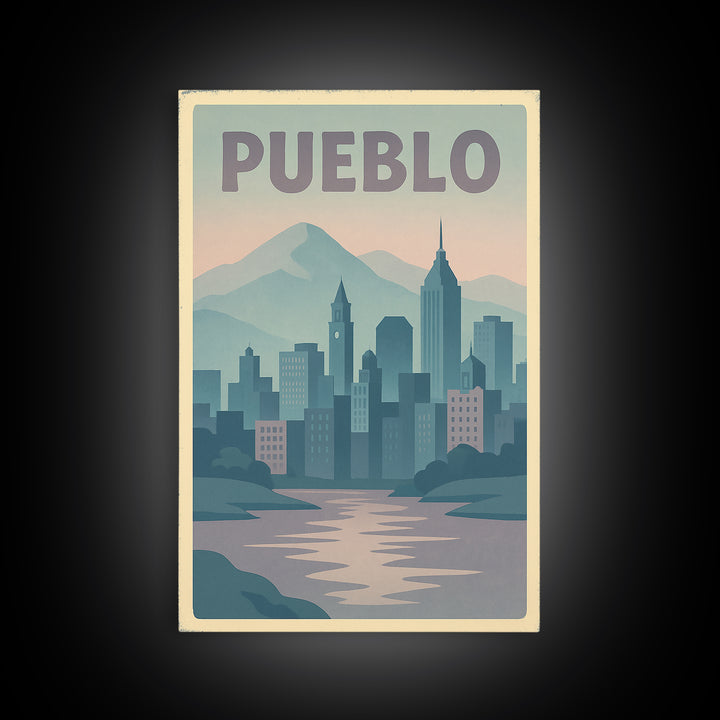 Pueblo Colorado Travel Poster, Canvas Print, Dreamy Skyline Poster Art, Pueblo Wall Art, Travel Poster Art, City Art Print, Wall Decor