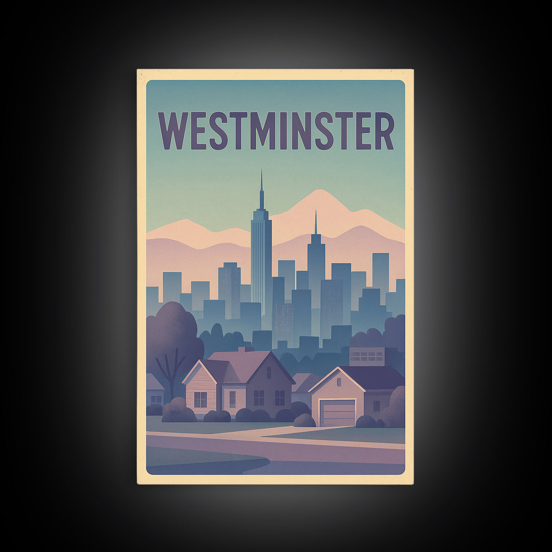 Westminster Colorado Travel Poster, Canvas Print, Vaporwave Cityscape Wall Art, Westminster Travel Art, Retro Travel Print, Travel Art