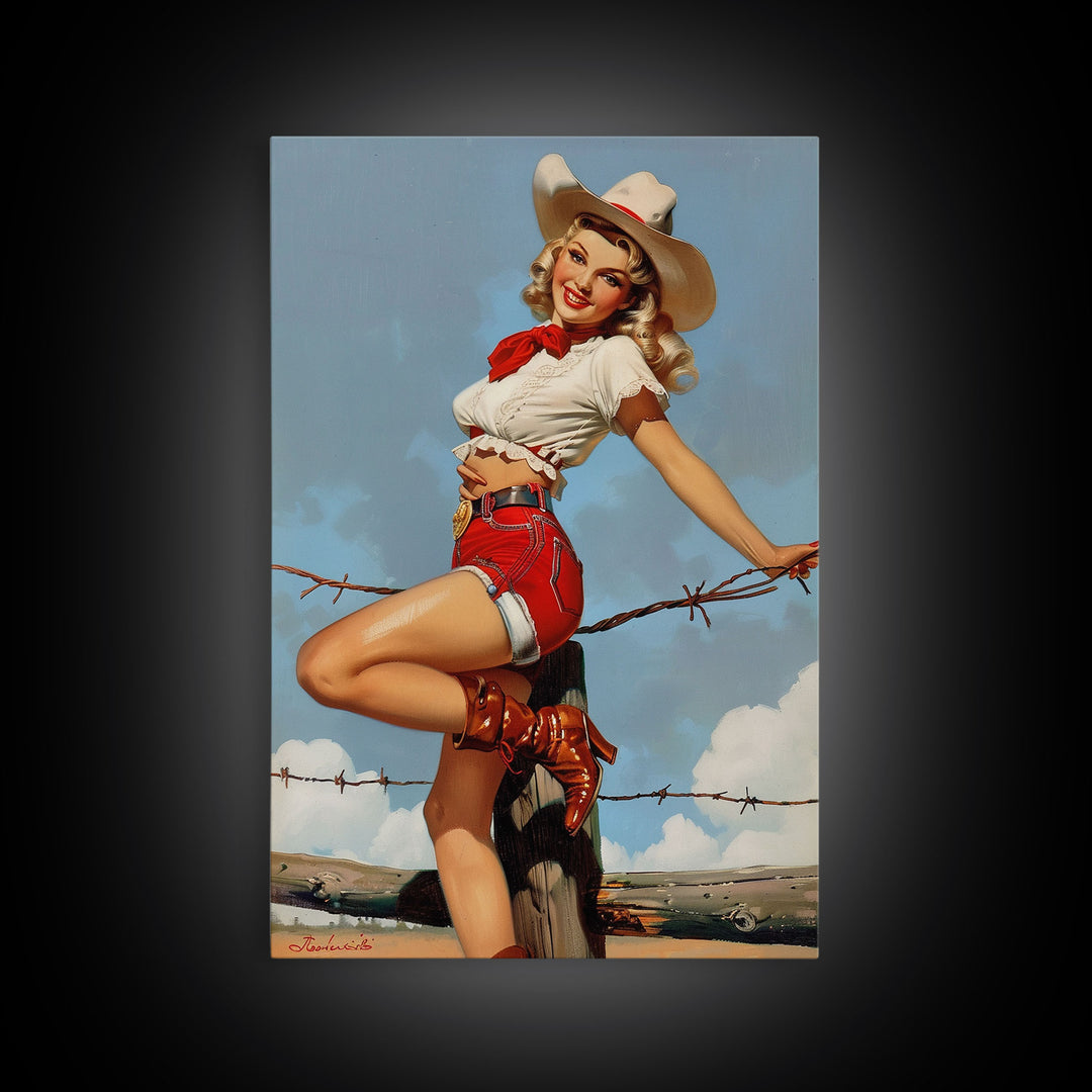 Vintage Cowgirl Pin-Up Art Print, Retro Western Framed Canvas, Classic Pin-Up Girl in Cowboy Hat and Boots, Unique Wall Decor