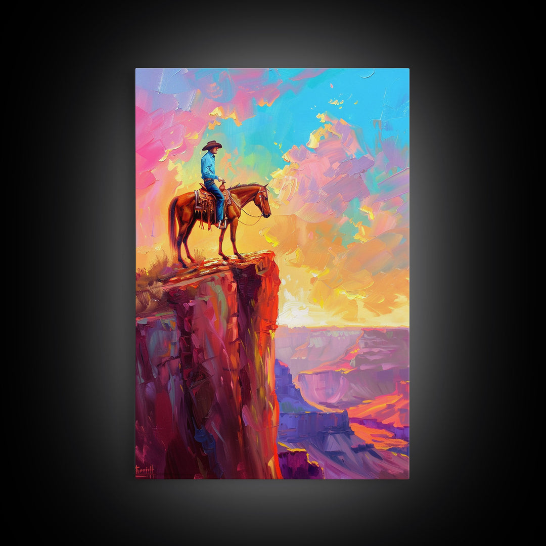 Cowboy on Horse at Sunrise - Colorful Western Landscape Painting, Sunrise Wall Art, Living Room Decor, Cowboy Canvas Print