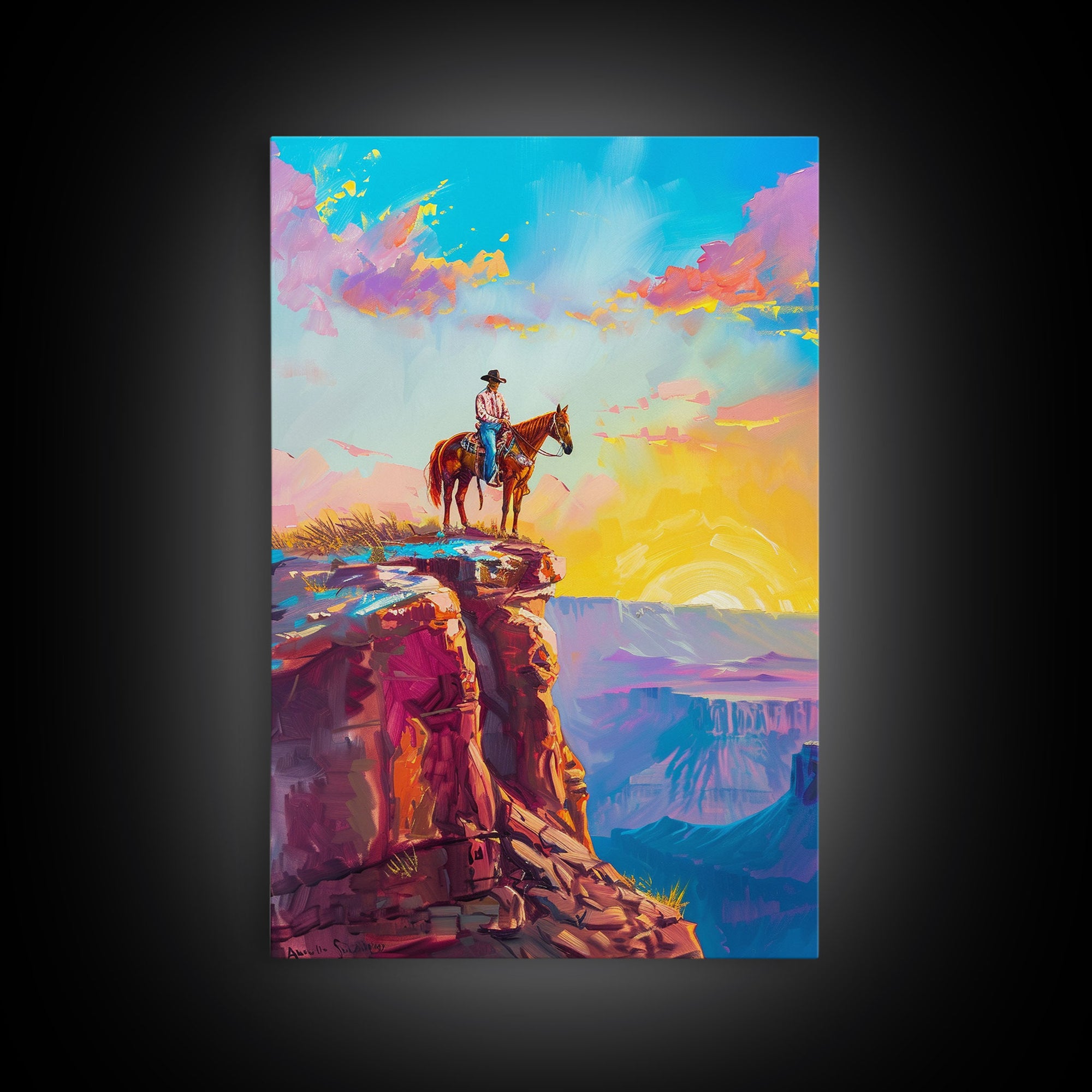Cowboy on Cliff Edge at Sunrise - Colorful Western Landscape Painting, Framed Canvas Print, Sunrise Wall Art, Living Room Decor