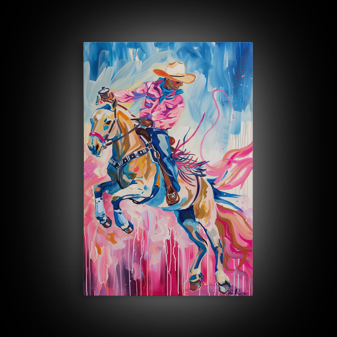 Dynamic Cowboy and Horse Painting - Colorful Western Art, Framed Canvas Print, Living Room Decor, Cowboy Riding Wall Art