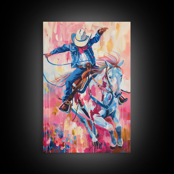 Energetic Cowboy on Horseback - Vibrant Western Art, Framed Canvas Print, Living Room Decor, Cowboy Rodeo Painting, Colorful Wall Art