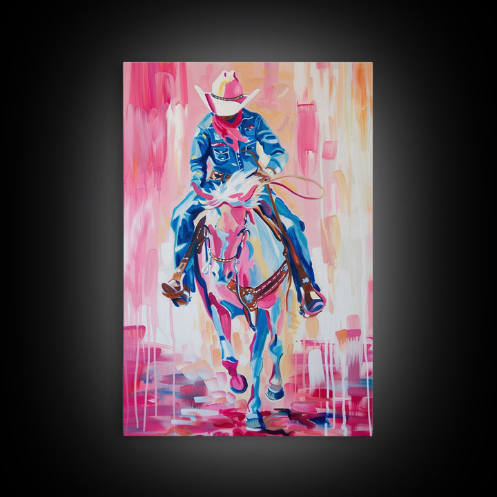 Cowboy Riding in Pink - Colorful Western Art, Framed Canvas Print, Living Room Decor, Cowboy Painting, Vibrant Wall Art