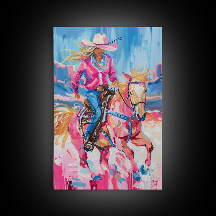 Dynamic Cowgirl and Horse - Colorful Western Art, Framed Canvas Print, Living Room Decor, Cowgirl Painting, Vibrant Wall Art