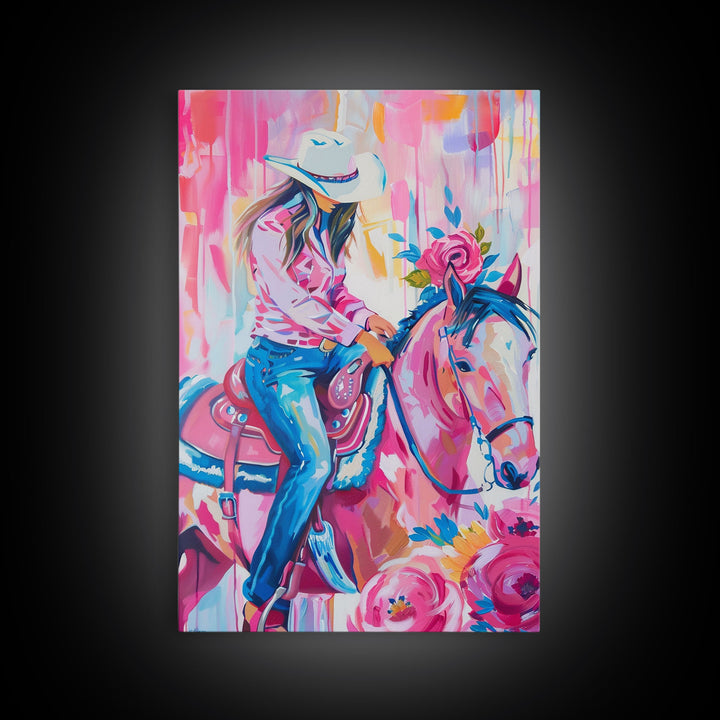 Cowgirl with Floral Horse - Colorful Western Art, Framed Canvas Print, Living Room Decor, Cowgirl Painting, Vibrant Wall Art