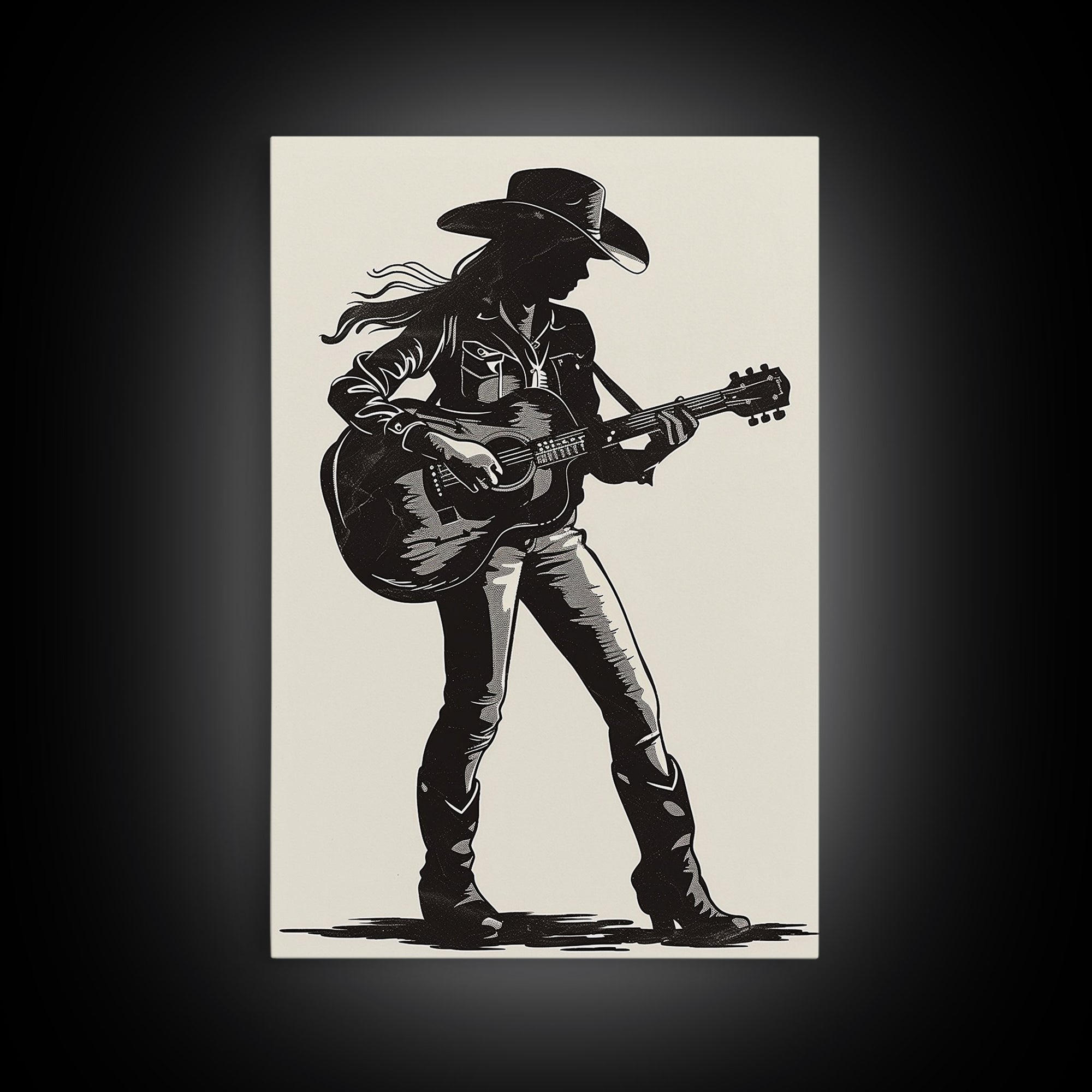 Cowgirl Guitarist Silhouette Art Print, Retro Western Framed Canvas, Vintage Country Music Art, Unique Wall Decor for Home
