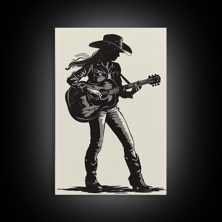 Cowgirl Guitarist Silhouette Art Print, Retro Western Framed Canvas, Vintage Country Music Art, Unique Wall Decor for Home