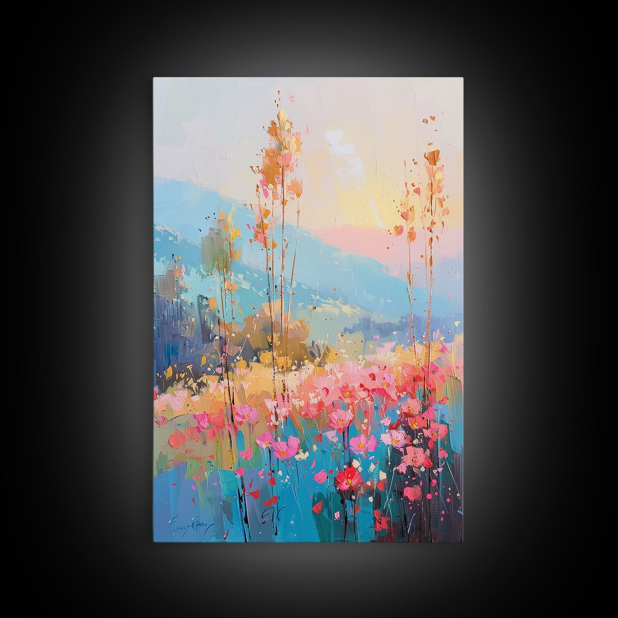 Serene Meadow Landscape at Sunrise - Framed Canvas Print, Tranquil Living Room Art, Peaceful Bedroom Decor, Pastel Flower Art, Wall Art