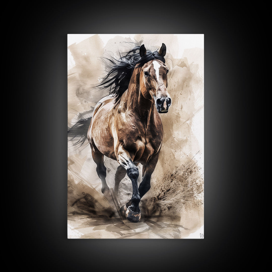 Powerful Horse Galloping - Framed Canvas Print, Dynamic Living Room Art, Energetic Bedroom Decor, Equestrian Art, Wall Art