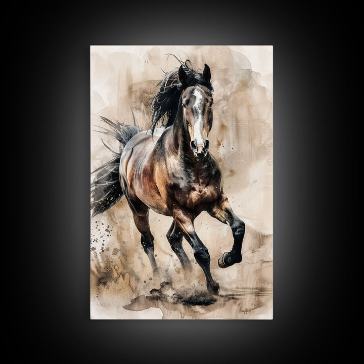 Running Horse in Motion - Framed Canvas Print, Lively Living Room Art, Vibrant Bedroom Decor, Equestrian Art, Wall Art