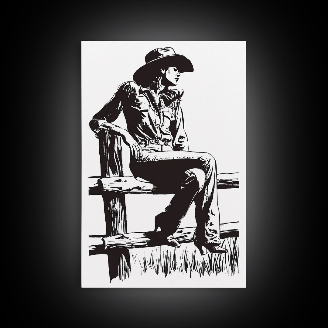 Cowgirl Resting on Fence Art Print, Western Silhouette Framed Canvas, Vintage Cowgirl Artwork, Rustic Home Decor