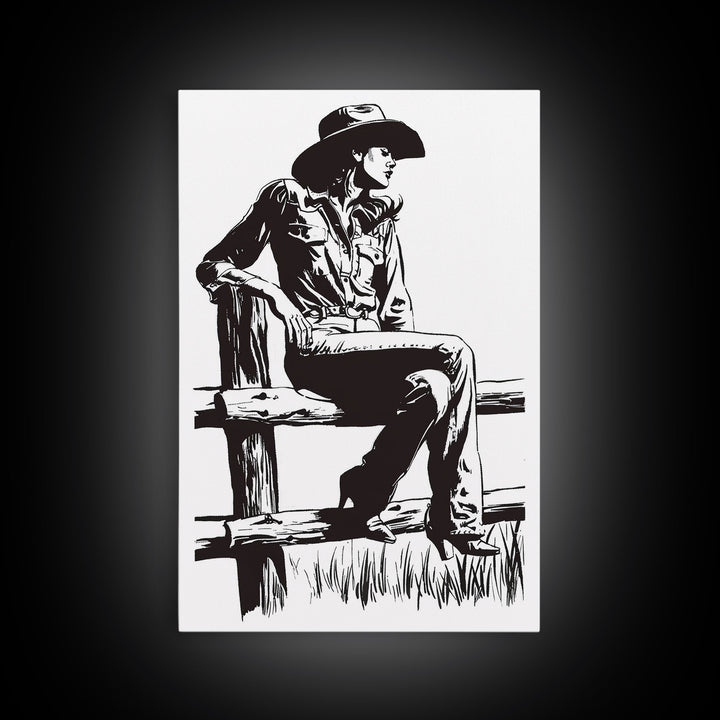 Cowgirl Resting on Fence Art Print, Western Silhouette Framed Canvas, Vintage Cowgirl Artwork, Rustic Home Decor
