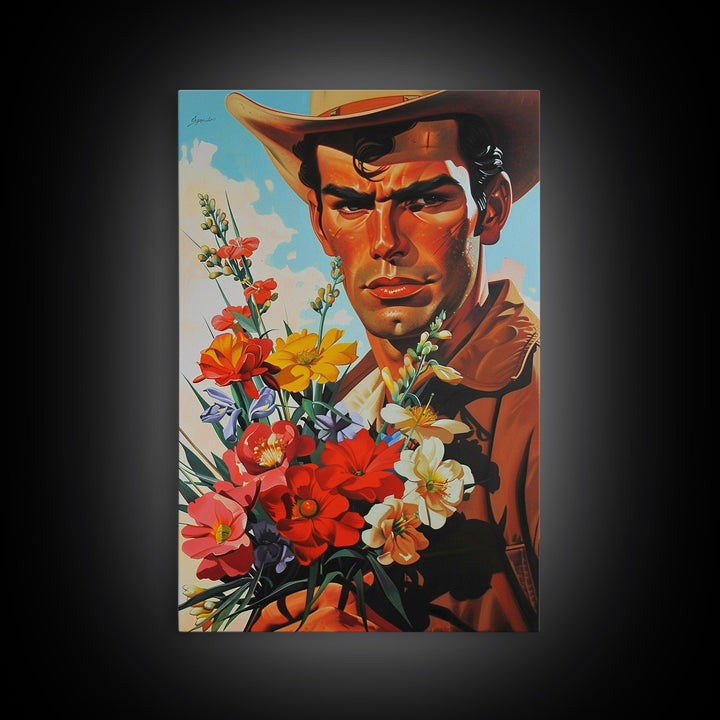 Cowboy with Bouquet of Flowers - Framed Canvas Print, Western Living Room Art, Rustic Bedroom Decor, Americana Art, Wall Art