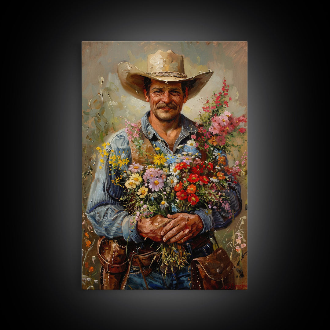 Smiling Cowboy with Flowers - Framed Canvas Print, Country Living Room Art, Rustic Bedroom Decor, Cowboy Art, Wall Art