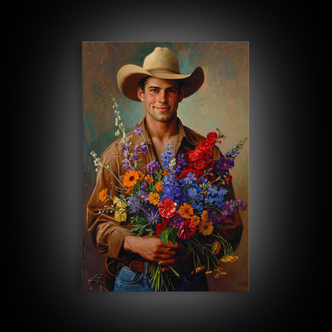 Handsome Cowboy with Wildflowers - Framed Canvas Print, Western Living Room Art, Rustic Bedroom Decor, Cowboy Art, Wall Art