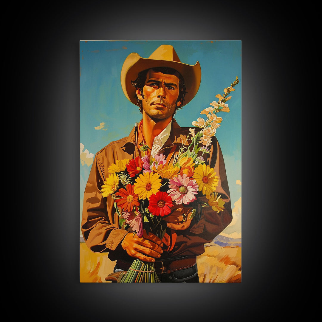 Vintage Cowboy Holding Flowers - Framed Canvas Print, Southwestern Living Room Art, Rustic Bedroom Decor, Retro Art, Wall Art