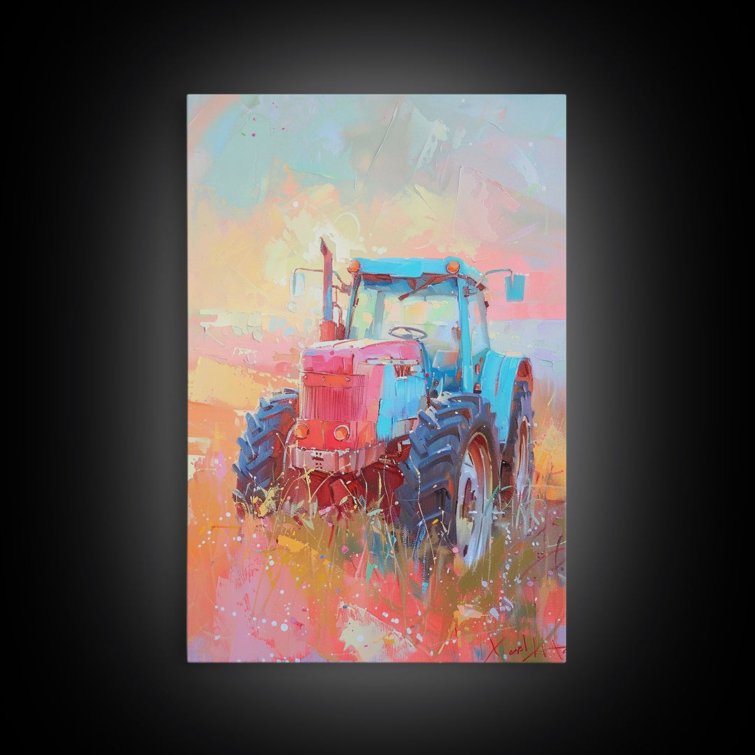 Colorful Tractor in Pastel Field - Framed Canvas Print, Farmhouse Living Room Art, Rustic Bedroom Decor, Rural Art, Wall Art