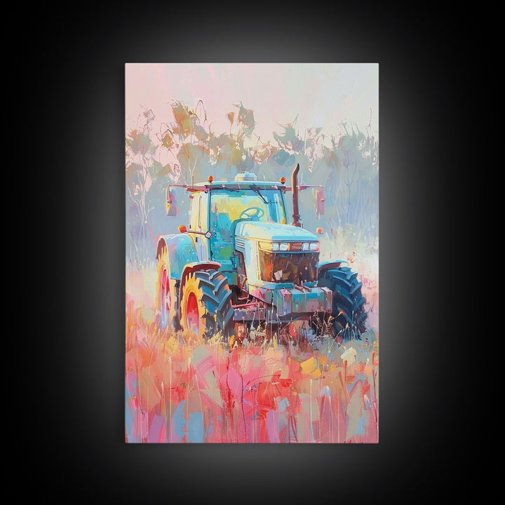 Farm Tractor in Vibrant Meadow - Framed Canvas Print, Countryside Living Room Art, Pastel Bedroom Decor, Rural Art, Wall Art