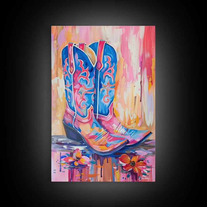 Colorful Cowboy Boots with Flowers - Framed Canvas Print, Rustic Western Decor, Vibrant Boot Wall Art for Home Decoration