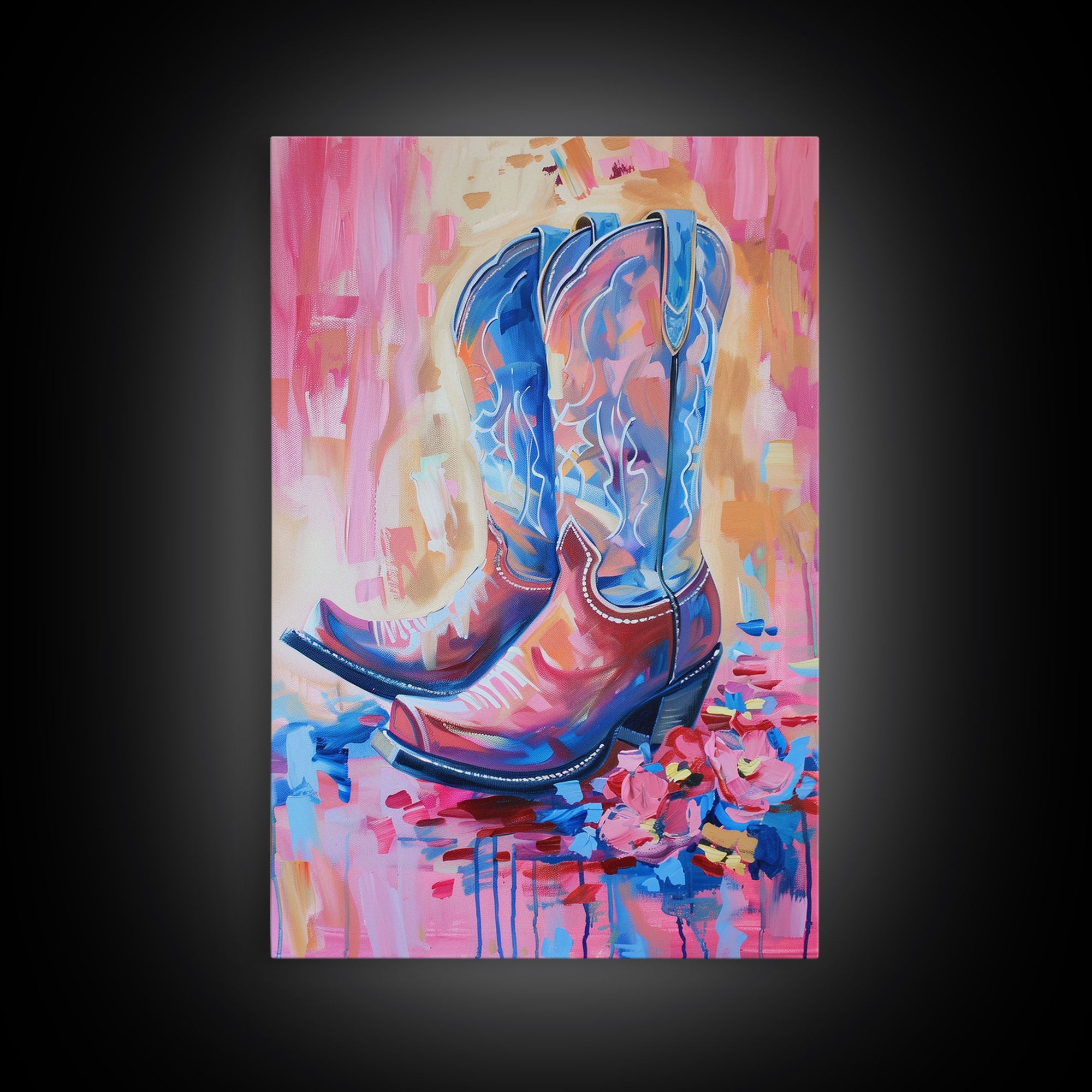 Bright Western Cowboy Boots Art with Floral Accents - Framed Canvas Print, Rustic Wall Art, Colorful Boot Decor for Living Room