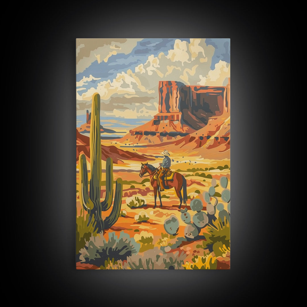Desert Cowboy Riding Through Cactus - Framed Canvas Print, Western Landscape Art, Southwestern Wall Art for Home Decoration