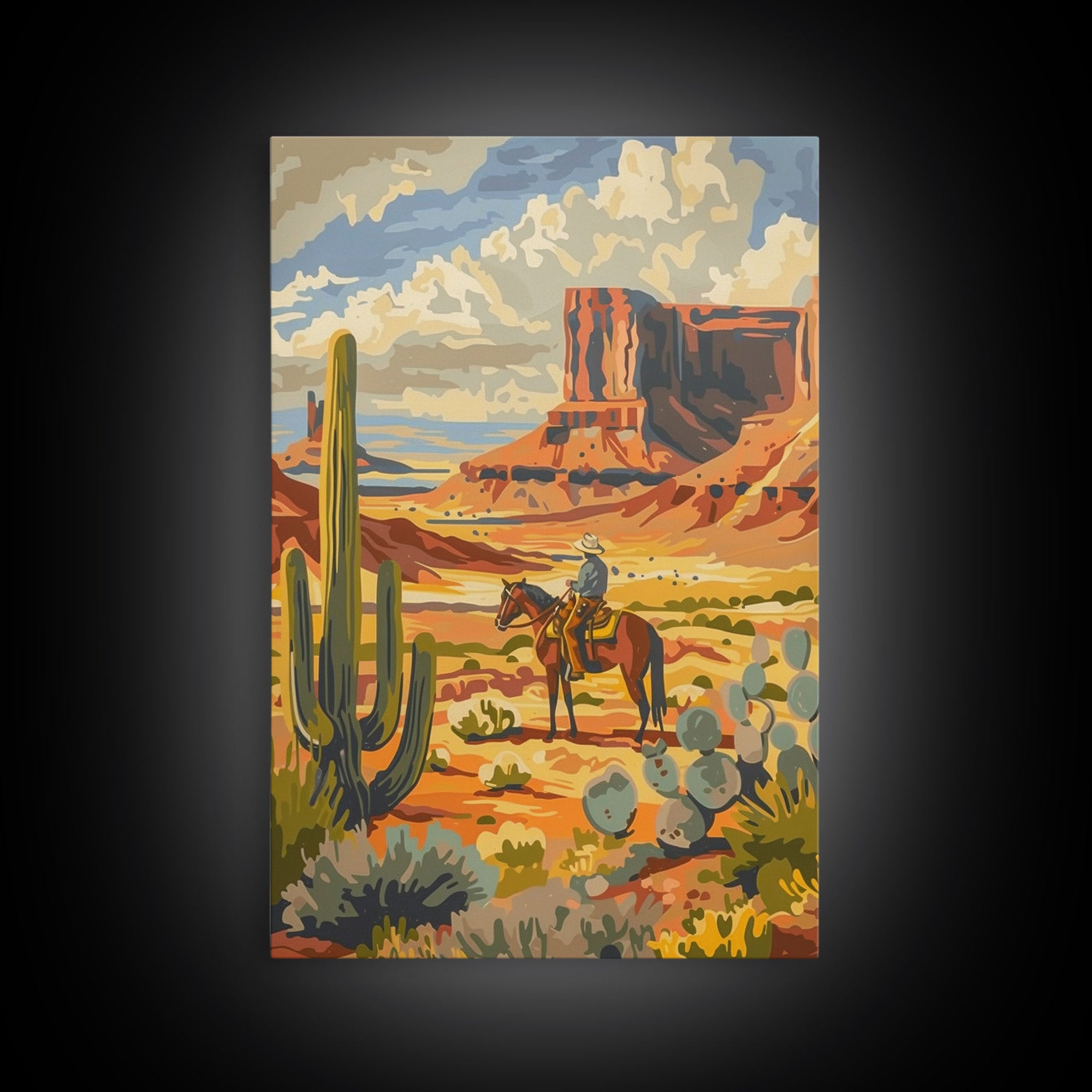 Desert Cowboy Riding Through Cactus - Framed Canvas Print, Western Landscape Art, Southwestern Wall Art for Home Decoration