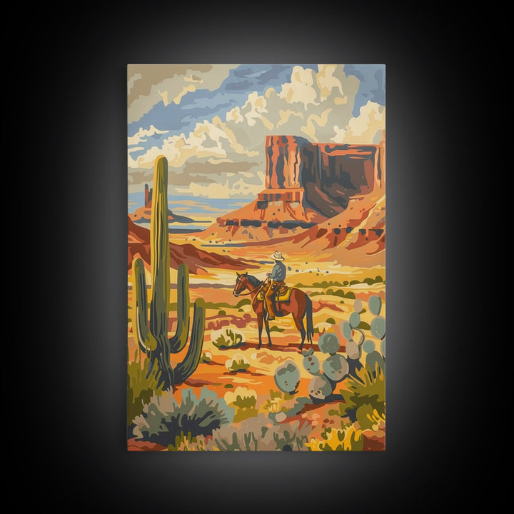Desert Cowboy Riding Through Cactus - Framed Canvas Print, Western Landscape Art, Southwestern Wall Art for Home Decoration