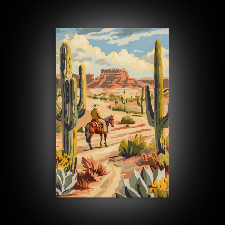 Cowboy Riding in Desert Landscape with Cacti - Framed Canvas Print, Western Art, Southwestern Decor, Desert Scene Wall Art for Home