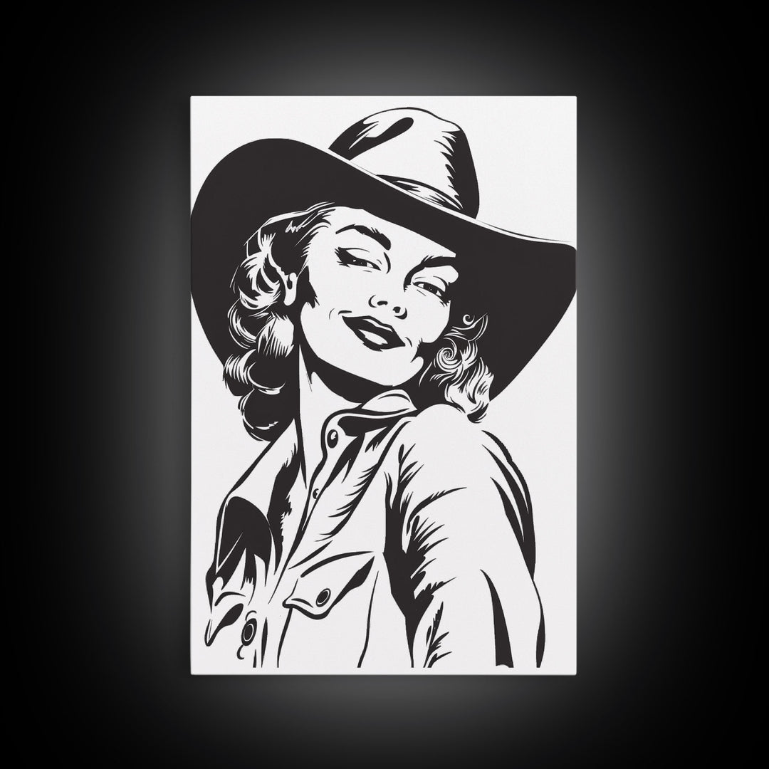 Smiling Cowgirl Portrait Art Print, Western Silhouette Framed Canvas, Vintage Cowgirl Artwork, Unique Wall Decor