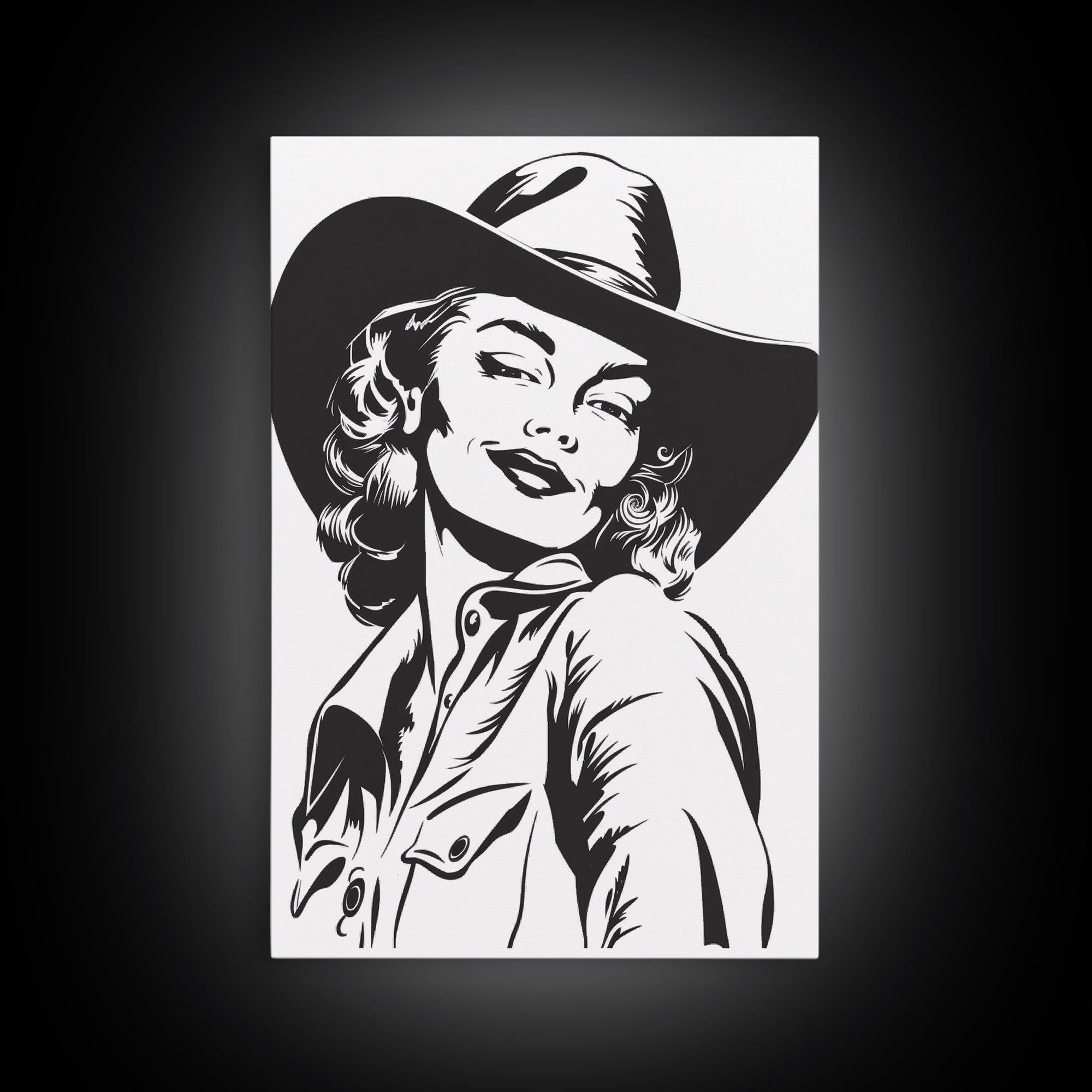 Smiling Cowgirl Portrait Art Print, Western Silhouette Framed Canvas, Vintage Cowgirl Artwork, Unique Wall Decor