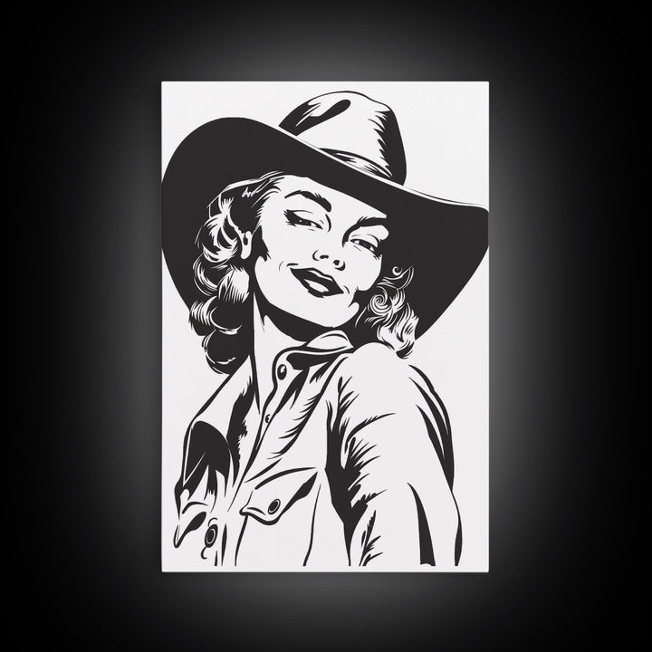 Smiling Cowgirl Portrait Art Print, Western Silhouette Framed Canvas, Vintage Cowgirl Artwork, Unique Wall Decor