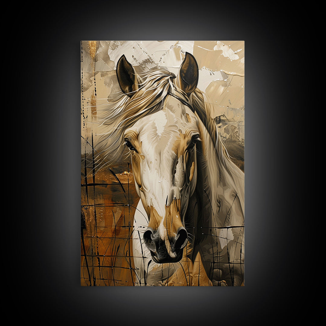 Realistic Horse Portrait with Warm Background - Framed Canvas Print, Equine Art, Living Room Wall Decor, Bedroom Horse Art Print