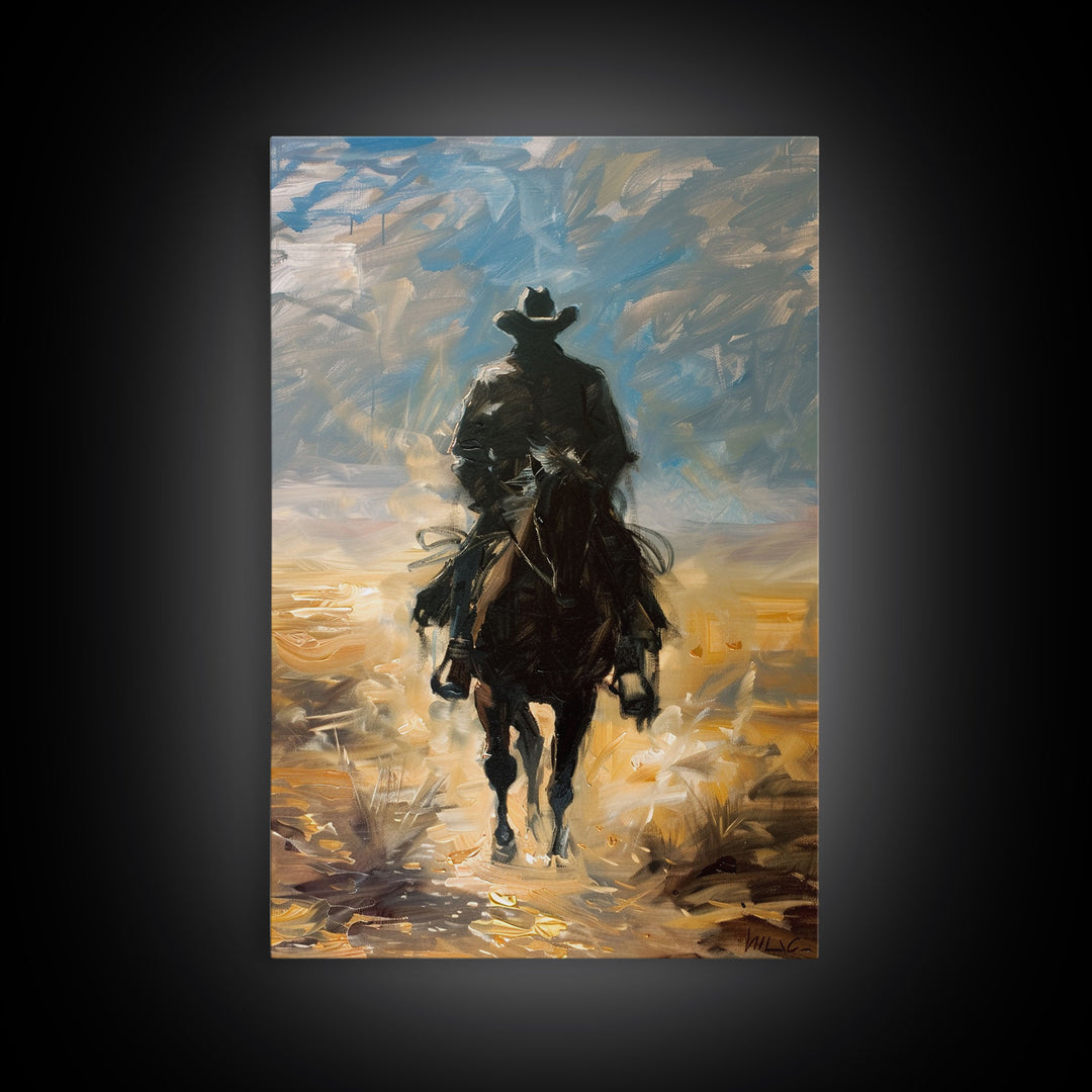 Lone Cowboy Riding into Sunset - Framed Canvas Print, Western Art, Living Room Decor, Cowboy Art for Bedroom, Rustic Wall Art