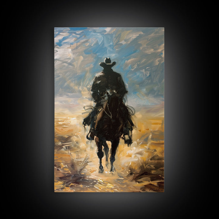 Lone Cowboy Riding into Sunset - Framed Canvas Print, Western Art, Living Room Decor, Cowboy Art for Bedroom, Rustic Wall Art