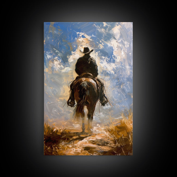 Cowboy Silhouette Riding Through the Plains - Framed Canvas Print, Western Art, Rustic Decor, Living Room Wall Art, Cowboy Themed Art