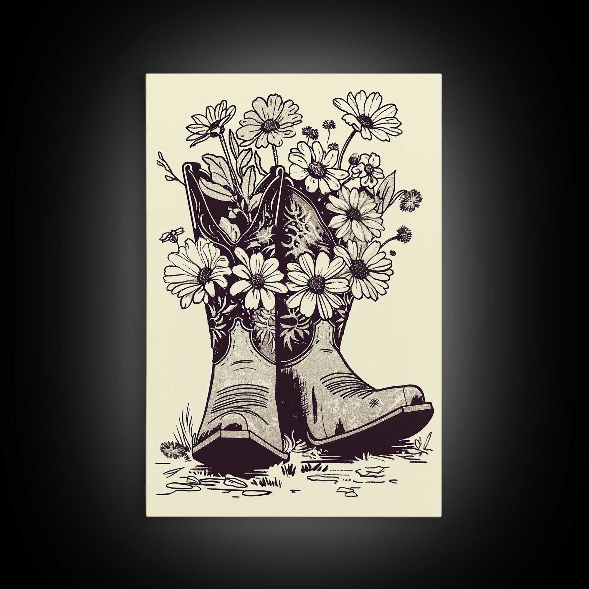 Cowboy Boots with Flowers Art Print, Western Silhouette Framed Canvas, Vintage Floral Boots Art, Unique Home Decor