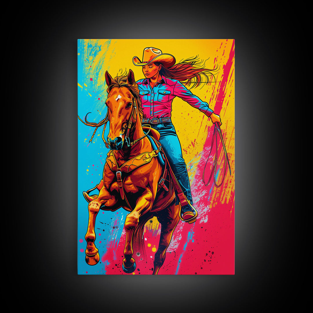 Bold Pop Art Cowgirl Riding Horse with Bright Colors - Framed Canvas Print, Equestrian Decor, Cowgirl Art for Bedroom, Living Room Wall Art