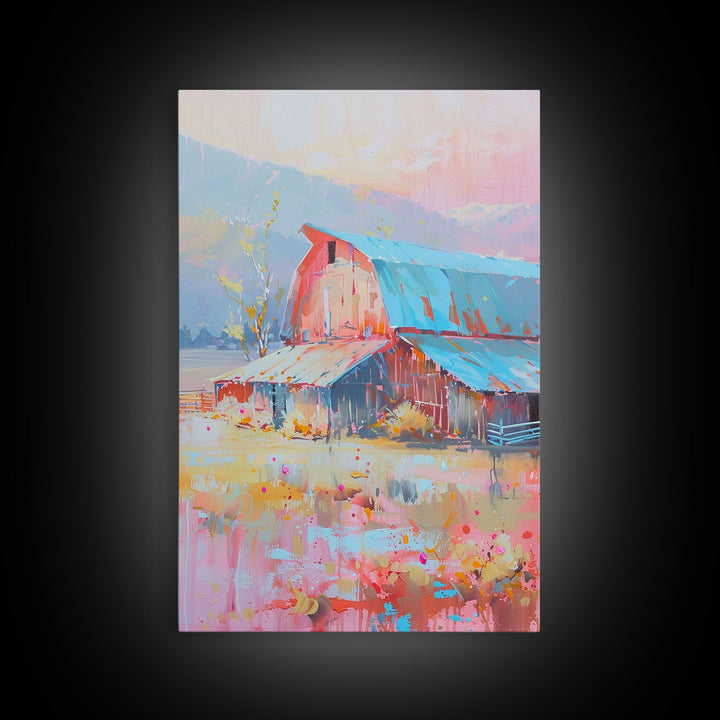 Rustic Pastel Barn in Countryside Landscape - Framed Canvas Print, Farmhouse Decor, Country Art for Living Room, Rustic Wall Art for Home