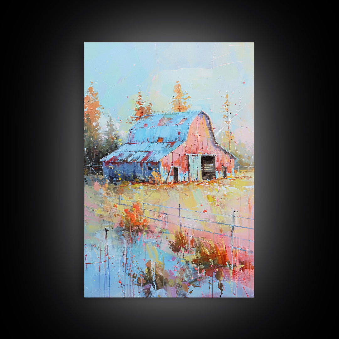 Serene Barn Scene in Soft Pastel Hues - Framed Canvas Print, Rustic Decor, Countryside Art for Bedroom, Farmhouse Wall Art for Living Room
