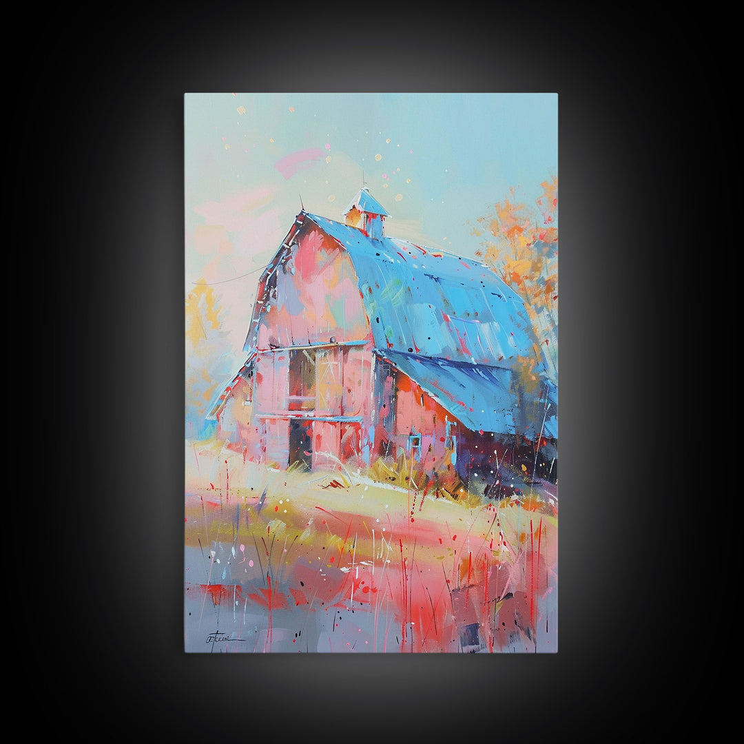 Charming Barn with Blue Roof in Pastel Colors - Framed Canvas Print, Rustic Farmhouse Decor, Country Art for Home, Living Room Wall Art
