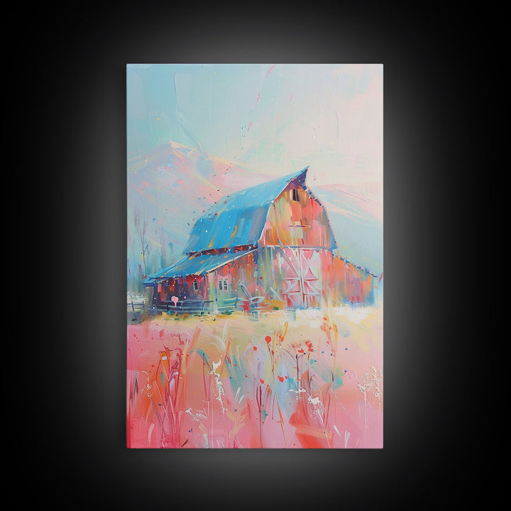 Idyllic Pastel Barn Scene in Vibrant Colors - Framed Canvas Print, Farmhouse Decor, Countryside Art for Bedroom, Rustic Wall Art Living Room