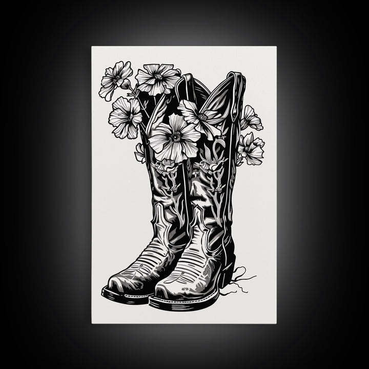 Floral Cowboy Boots Art Print, Retro Western Framed Canvas, Vintage Flower Boots Artwork, Unique Wall Decor for Home