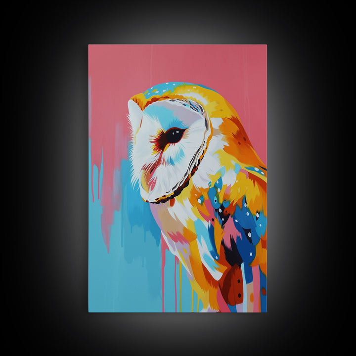 Colorful Owl Pop Art on Pink and Blue Background - Framed Canvas Print, Bird Decor, Owl Art for Living Room, Vibrant Wall Art for Bedroom