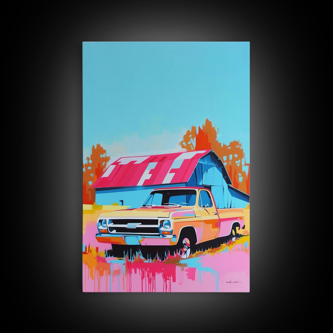 Vintage Truck with Colorful Barn in Background - Framed Canvas Print, Retro Decor, Truck Art for Bedroom, Farmhouse Wall Art for Living Room