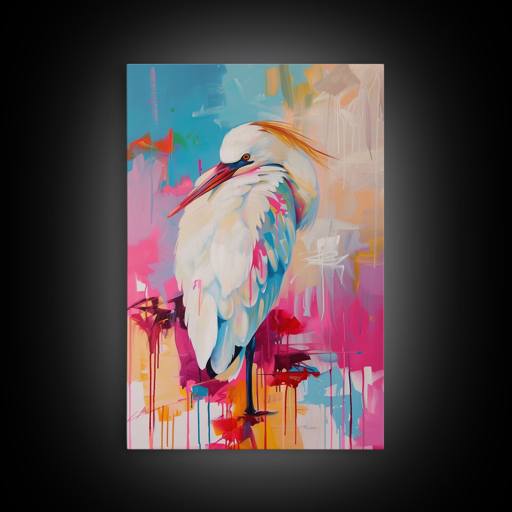 Elegant White Bird in Colorful Abstract Background - Framed Canvas Print, Bird Decor Modern Art for Living Room Vibrant Wall Art for Bedroom