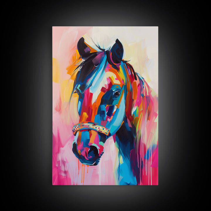 Colorful Horse Portrait in Pop Art Style - Framed Canvas Print, Horse Decor, Equestrian Art for Living Room, Bright Wall Art for Bedroom