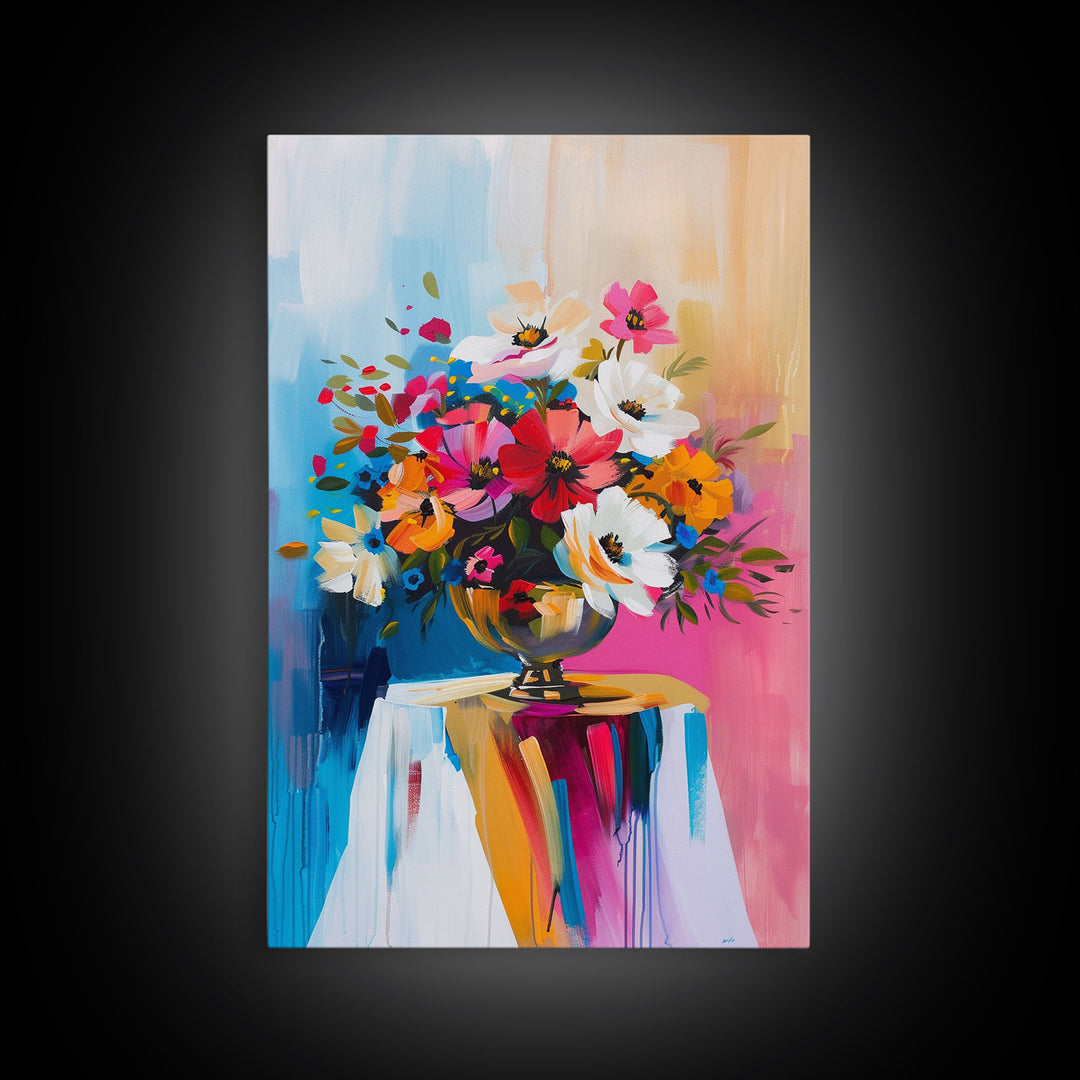 Colorful Floral Arrangement in Bright Vase - Framed Canvas Print, Flower Decor, Floral Art for Living Room, Vibrant Wall Art for Home